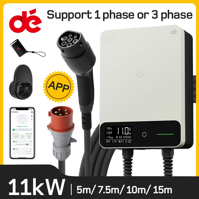 dé Wallbox 11kW Bianco Con APP Caricatore per veicoli elettrici domestici 5m 7,5m Cavo di ricarica da CEE a tipo 2 Caricatore EV 16A trifase EVSE