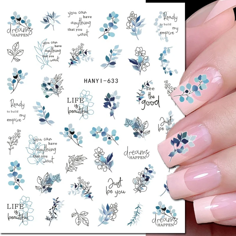 3d Nail Art Stickers Black Drawing Lines Blue Leaves Flowers Letters Adhesive Sliders Decals For Nails Decorations Manicure