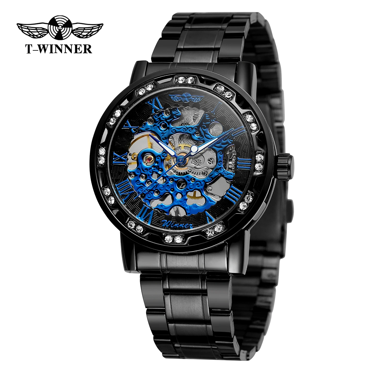 T-WINNER ファッションブラックブルーメンズスケルトン機械式時計彫刻高級ラインストーン発光ポインタースチールマン腕時計