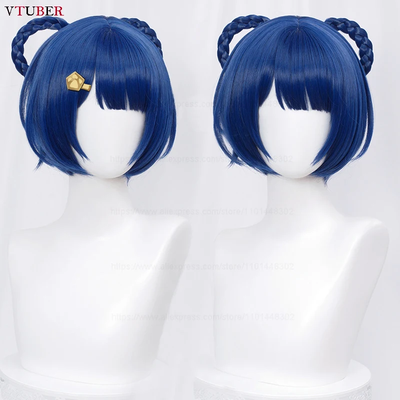 Xiangling Cosplay Wig Game Impact Short Dark Blue Braided Heat Resistant Synthetic Hair Anime Party Wigs + Wig Cap