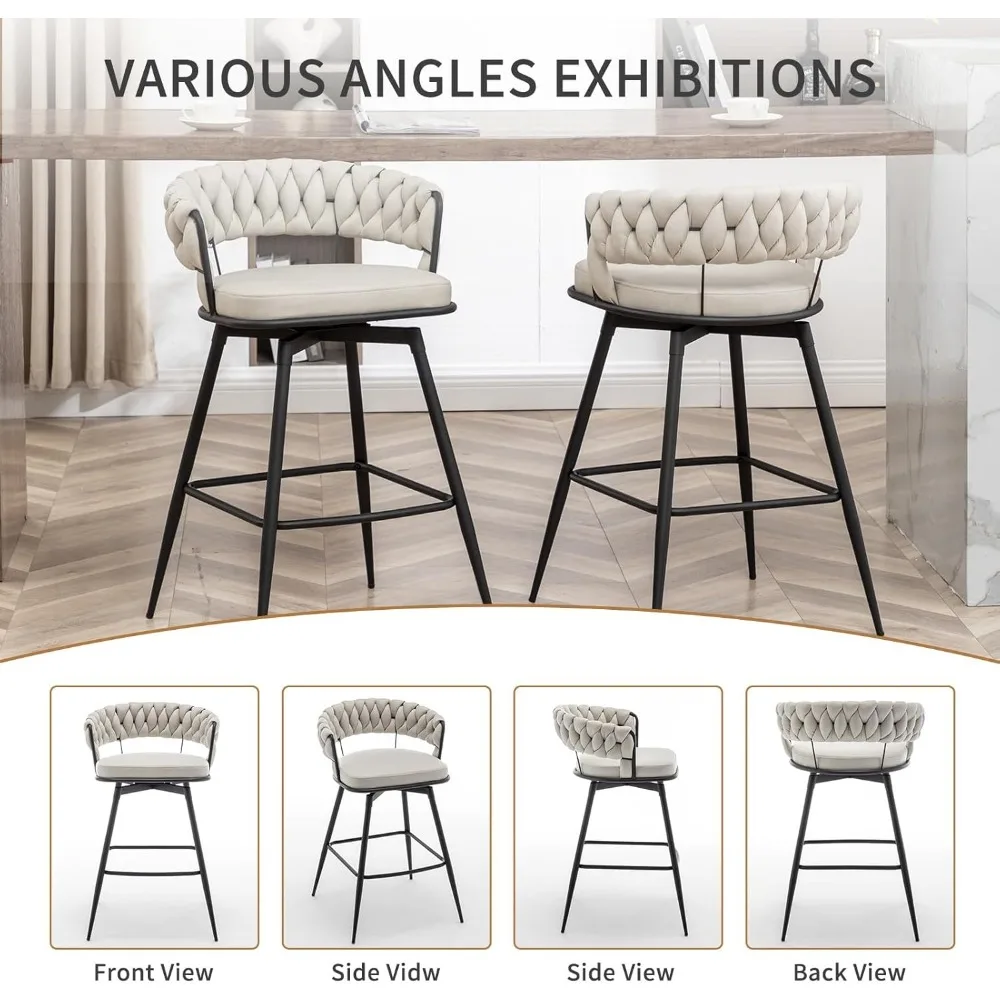 Conjunto de 4 bancos de bar com altura de balcão, cadeiras de bar modernas de 26 polegadas com encosto tecido, 360 °   Bancos de bar giratórios para ilha de cozinha, café
