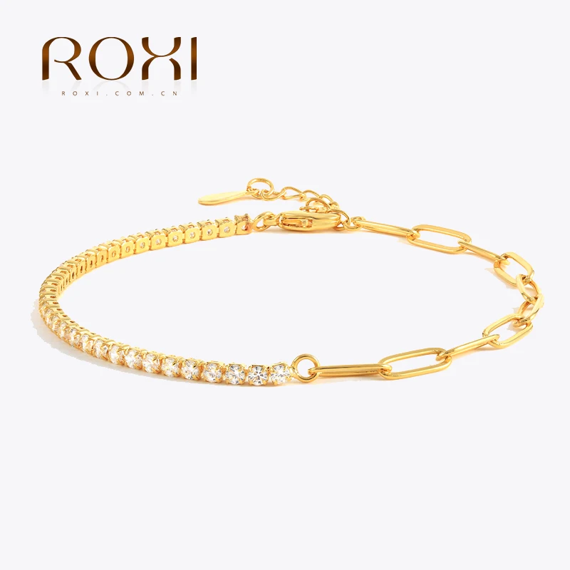 ROXI Half Crystal Half Link Chain Bracelet for Women Fashion Jewelry Pulseras mujer Gold Colors Bracelet Charm Bransoletki - zdjęcie 1