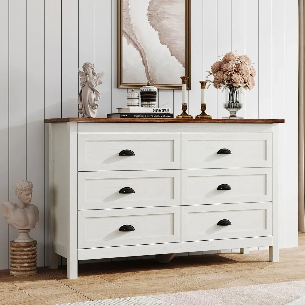 White Dresser for Bedroom, Modern 6 Drawer Double Dresser for Bedroom with Vintage Black Handle, Wide Wood Dressers