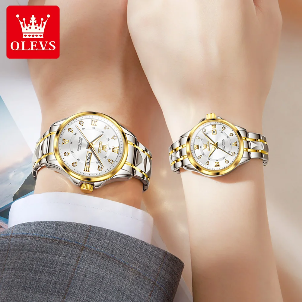 OLEVS 2906 Couples Watches Luxury Waterproof Man and Women Calendar Stainless Steel Quartz Wrist Watch Couple Fashion Watch Set