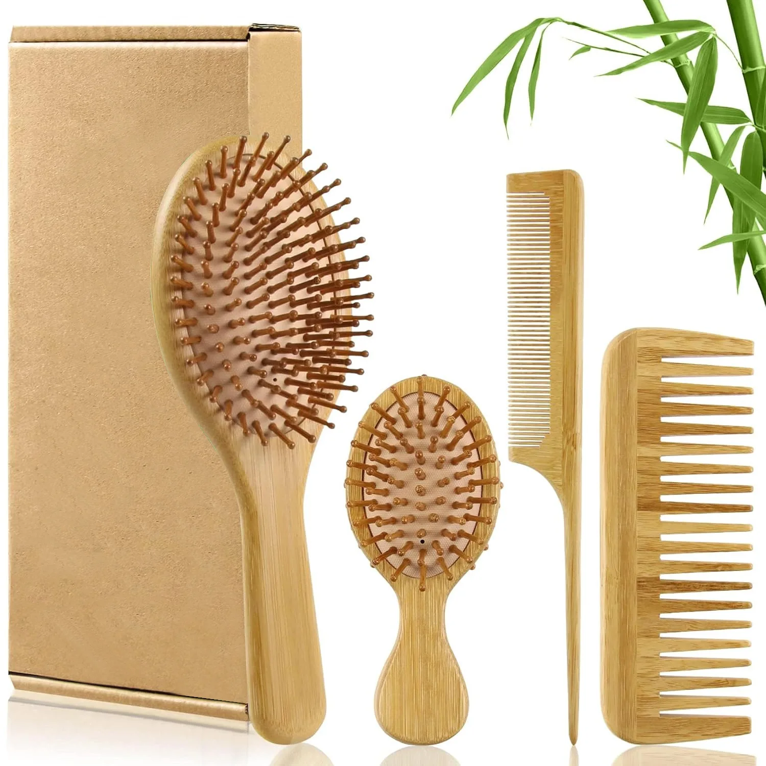 Bamboo Hair Brush Comb Set for Women Men,Wood Wide-tooth brush and tail comb - Paddle Detangling Brush for Wet Dry Curly Hair
