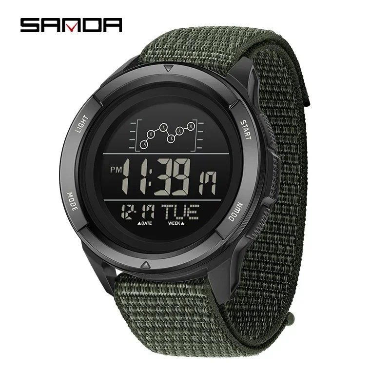 SANDA 2198 Men's LED Digital Sports Watch, Nylon Strap, Multifunctional Alarm & Countdown, Waterproof Wristwatch