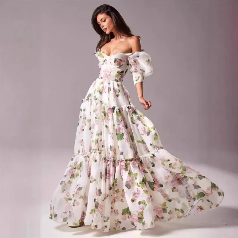

2025 Sexy Elegant Floral Print Dresses Women Summer New Fashion French A-line Backless Loose Off-Shoulder Evening Party Dress