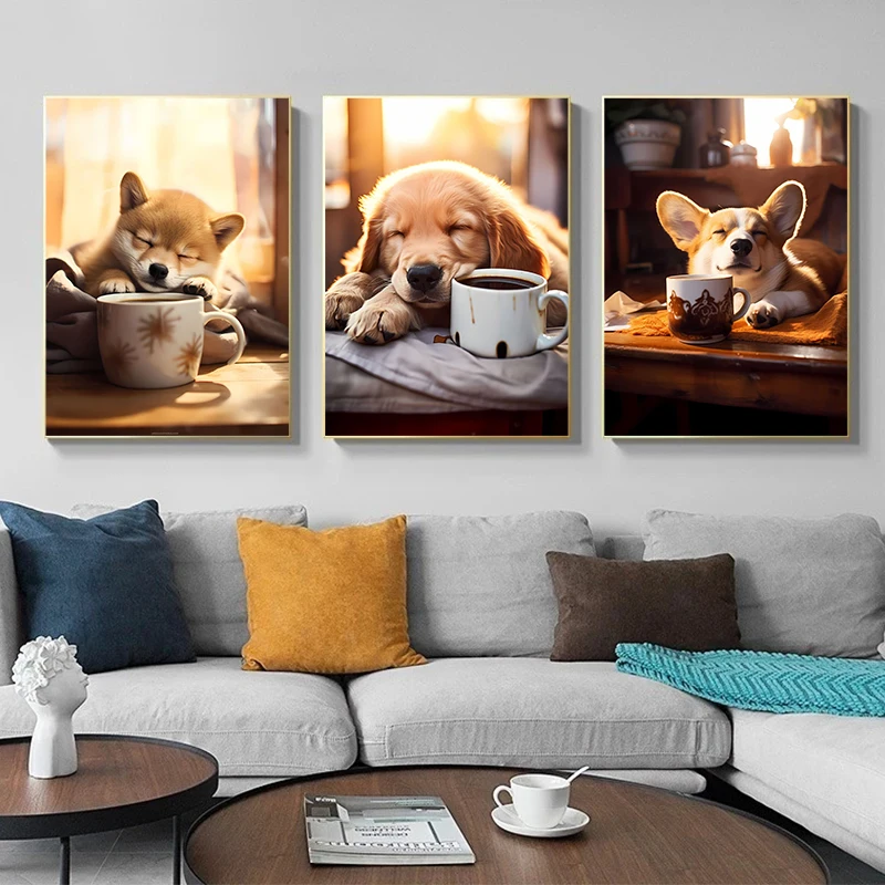 Cute Dogs Getting Sleepy After Drinking Coffee in The Morning Posters and Prints Canvas Printing Wall Art Picture for Home Decor