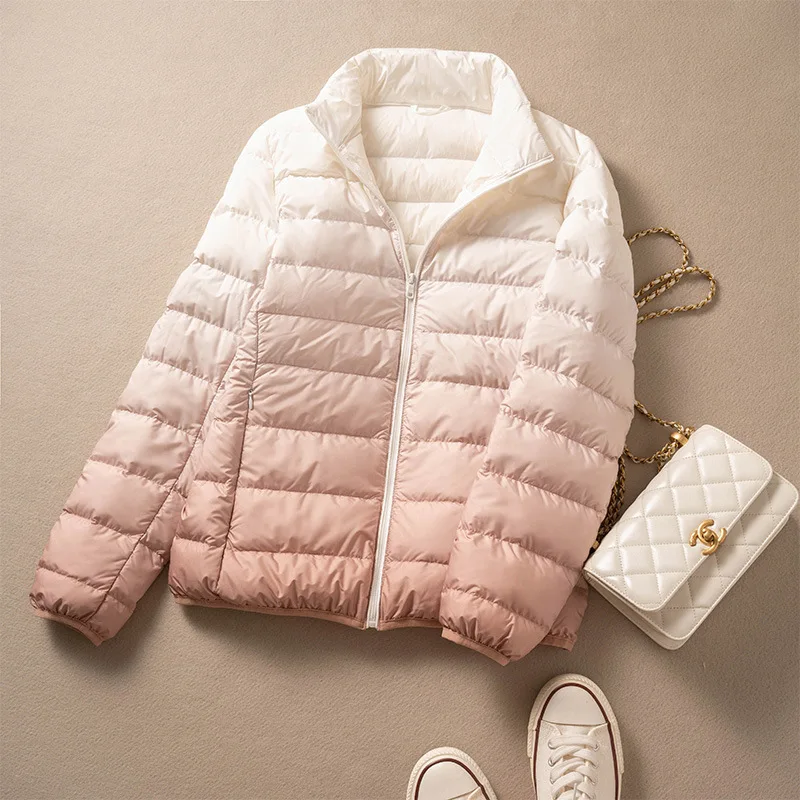 

Gradient Down Coat Autumn Winter Women Ultra Light White Duck Down Jacket Lady Stand Collar Short Warm Oversize Parkas Outwears