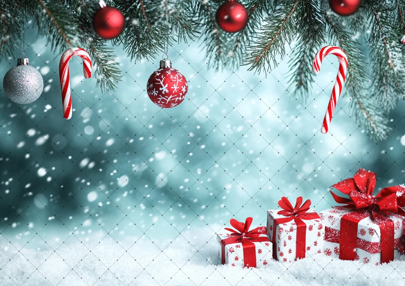 Christmas Photography Backdrop Hanging Bauble Candy Cane Gift Box Bokeh Snow Scene Holiday Family Photoshoot Studio Decor Prop