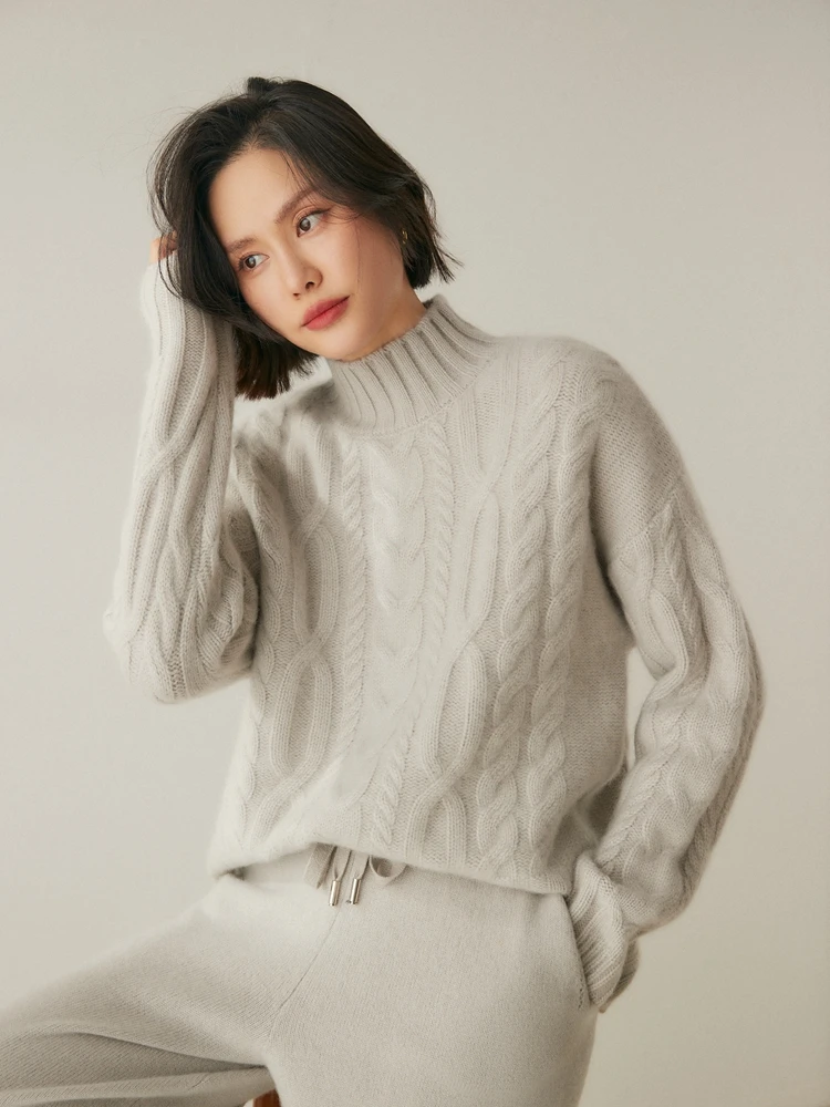 Heavyweight Women 100% Cashmere Sweater Cable Knitting Vintage Loose Style Pullover Cashmere Knitted Jersey Autumn Winter Tops