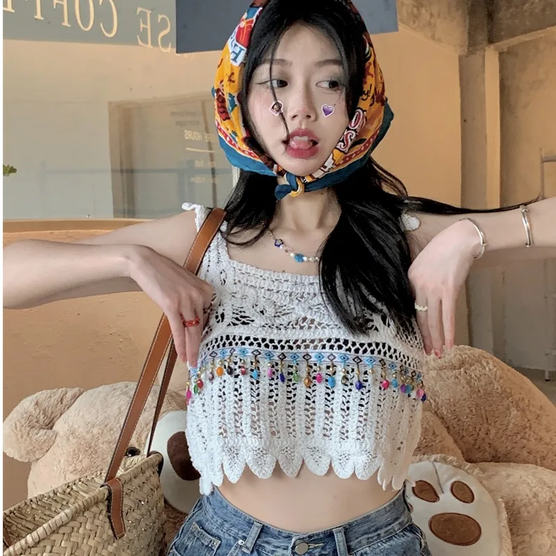 

Вязаный укороченный топ с бисером и Sle, женский жилет с вырезом, модный летний женский жилет с обнажением живота