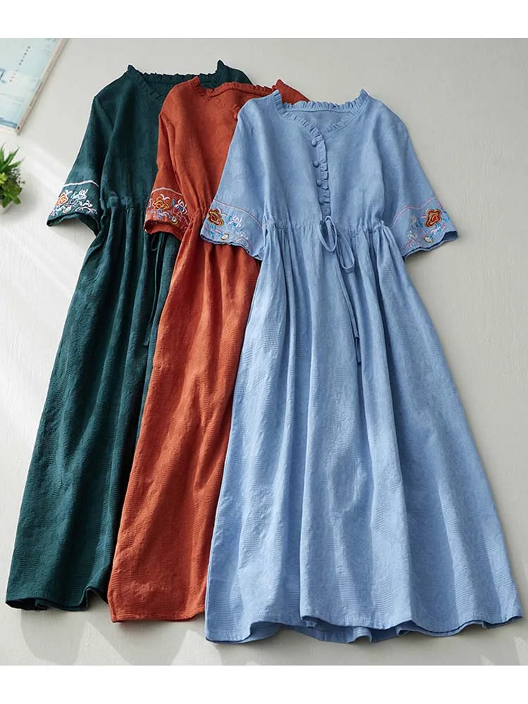 Summer Indie Folk Jacquard Embroidery Dress V-Neck Ruffled Collar Shirt Dress High Waist Slim Drawstring Midi Dresses for Women