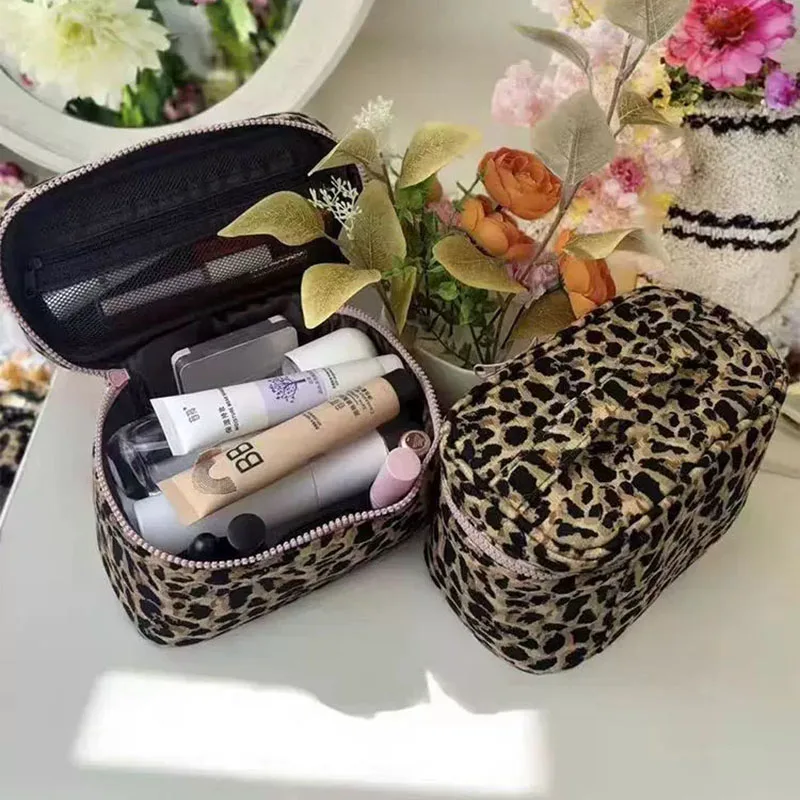 Leopard Print Cosmetic Bag Large Travel Makeup Organizer with Mesh Pocket Cute Pink Zipper Toiletry Storage Case for Women