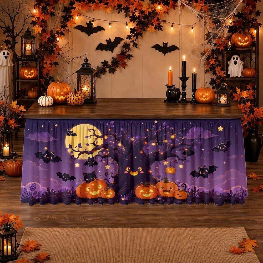 Send a set of tablecloth and tablecloth skirt, 1-piece package. Halloween pumpkin tree, bat, glowing moon, purple color. YZB