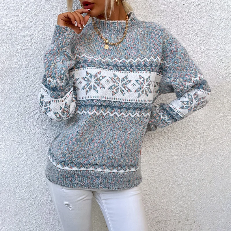 Christmas Snowflake Pullover Sweater Trendy Long Sleeve Semi High Neck Sweater Women's Knitted Top Autumn Winter Casual Pullover