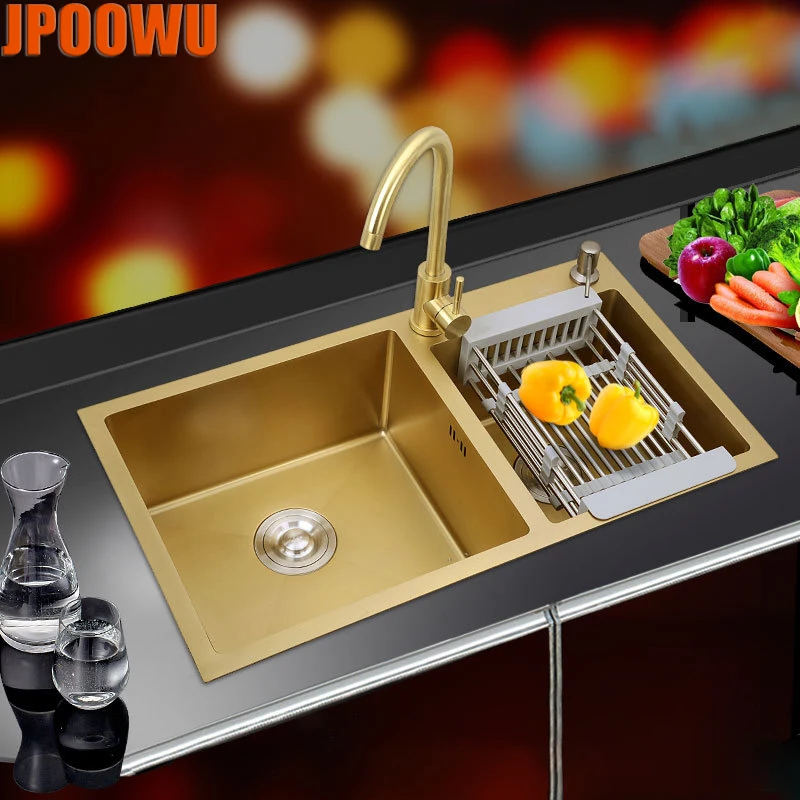 

Kitchen Sink Wash Basin SUS304 Stainless Steel Gold Sinks Double Bowl Rectangular Modern Luxury Home Fixture with Faucets Drain