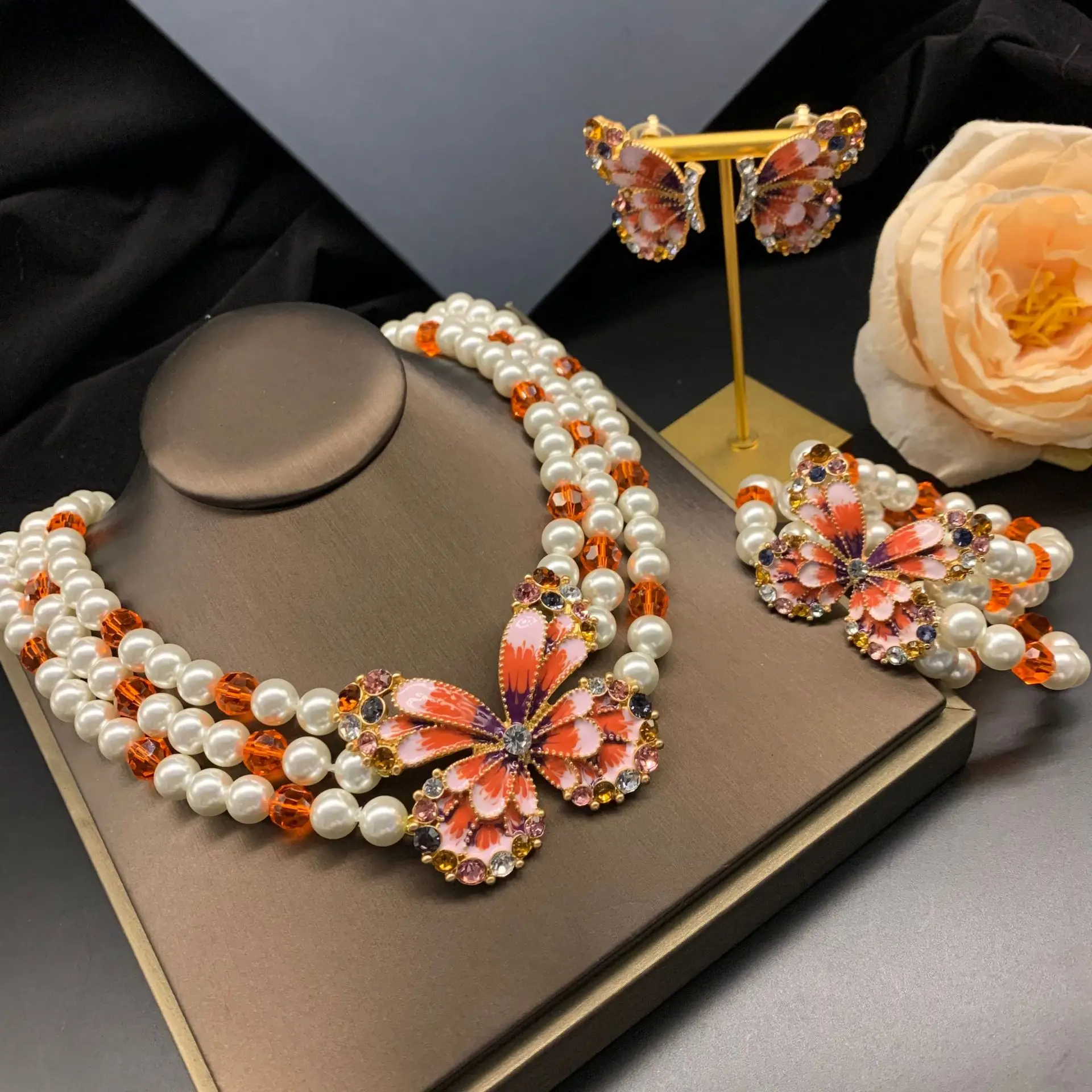 Butterfly Statement Earrings Necklace Bracelet Jewelry Set For Women