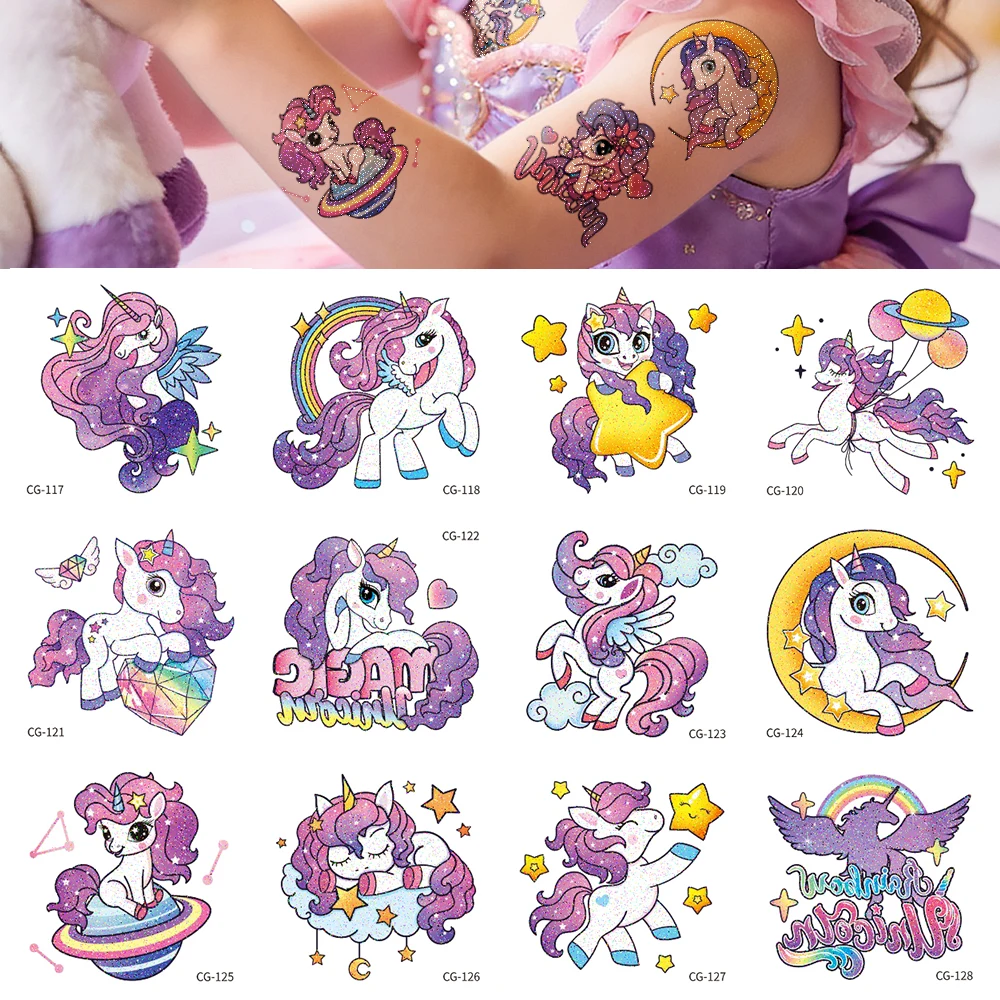 Glitter Small Unicorn Temporary Tattoo Stickers Cartoon Rainbow Horse Pattern Birthday Party Favors,Gifts,Stocking Stuffer
