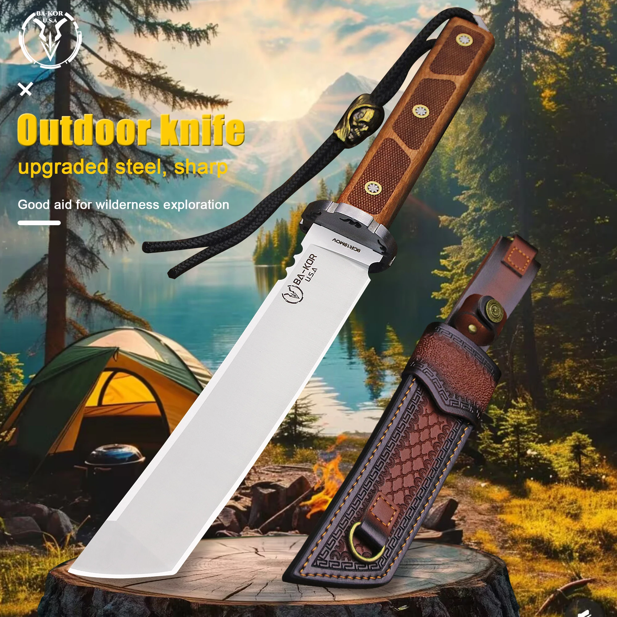 BA-KOR USA All-Tex 9CR18MOV Steel 7mm Outdoor Knife + Sheath & Single Shoulder Strap, Jungle Hunting Knife, Camping EDC Tool