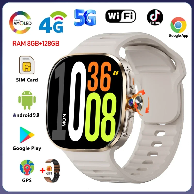 5G/4G Android 9.0 Smart Watch 2.40 inch 720*720 AMOLED HD 900W Camera Call 8GB+128GB RAM 2100mAh GPS WIFI Google APPS Smartwatch