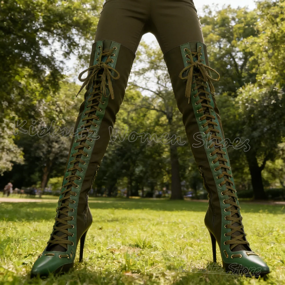 

Cross Strap Boots Knee High Lace Up Leather Mixed Color Women Shoes Newest Pointed Toe Thin Heels Fashion Luxury Elegant Concise