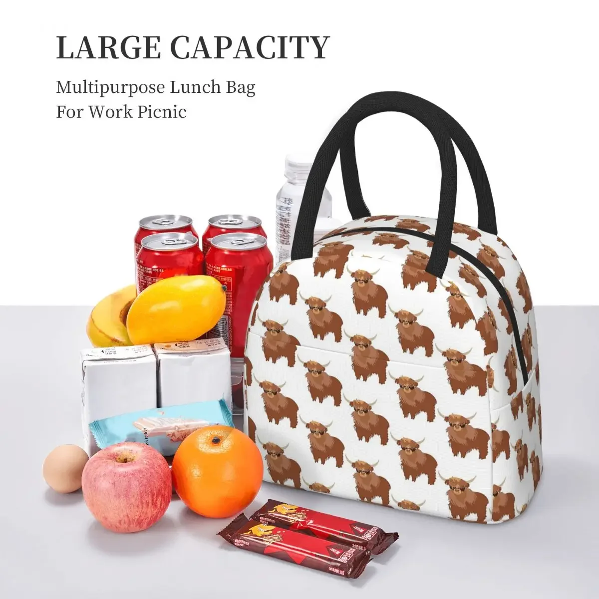 Fluffy Highland Cow Insulated Lunch Bag for Kids School Cooler Thermal Food Box Tote Leakproof Lunch Boxes Container