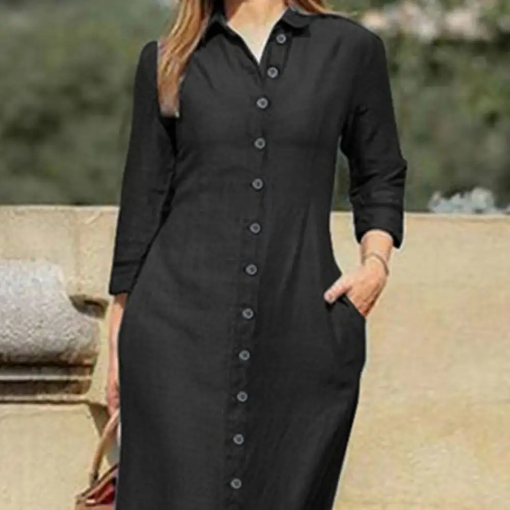 Shirt Dresses Turn-Down Collar 3/4 Sleeve Women Dress Two Pockets Single Breasted Denim Maxi Dress Party Vestidos Robe