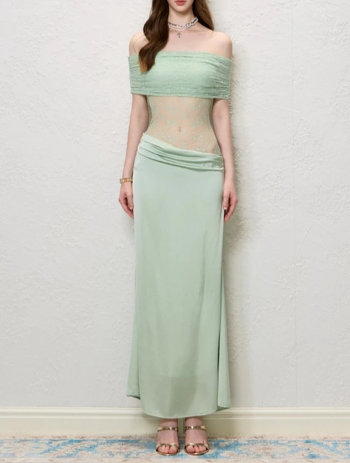 Grüne Spitze Satin Patch Slash Neck Kleid Frauen Sommer Elegante Hohe Taille Vestidos Bodycon Urlaub Party Tuch Dame