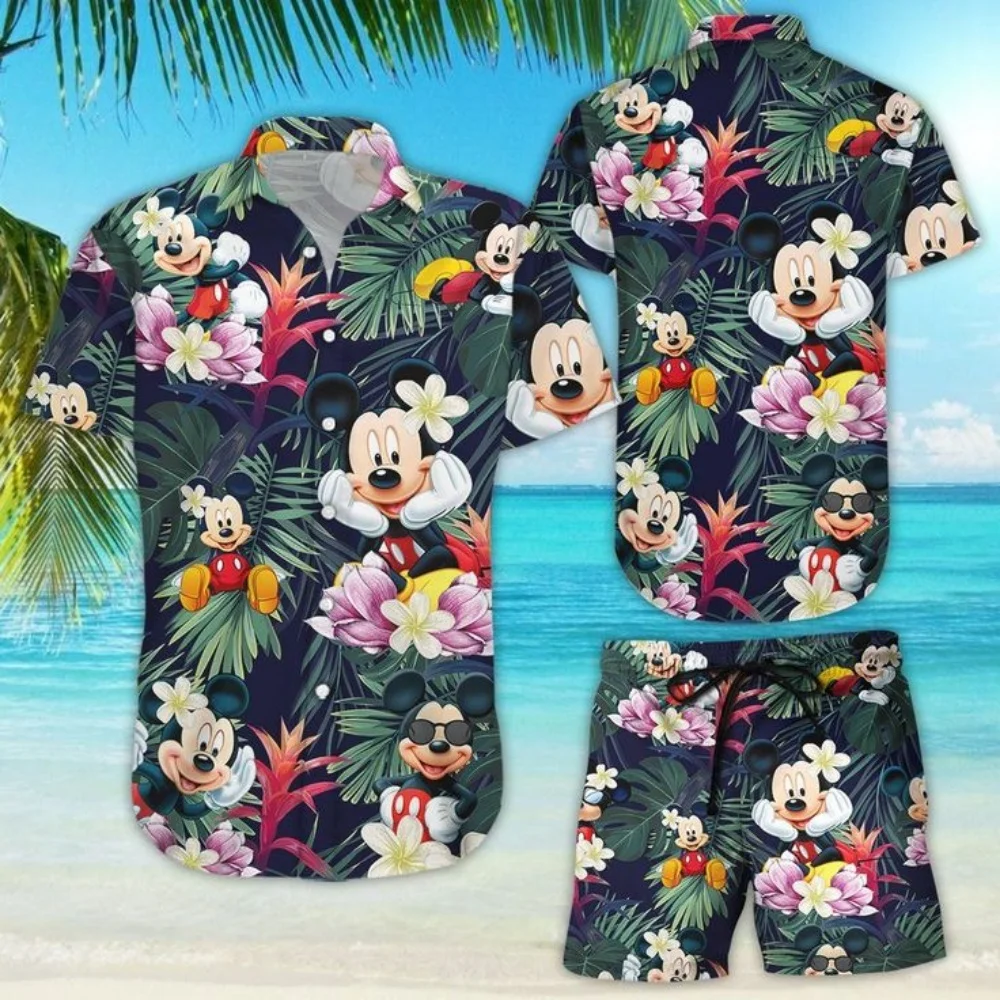 

2025 New Disney Hawaii 3d printed shirt New men's and women's fashion Mickey button short sleeve short suit Disney beach childre