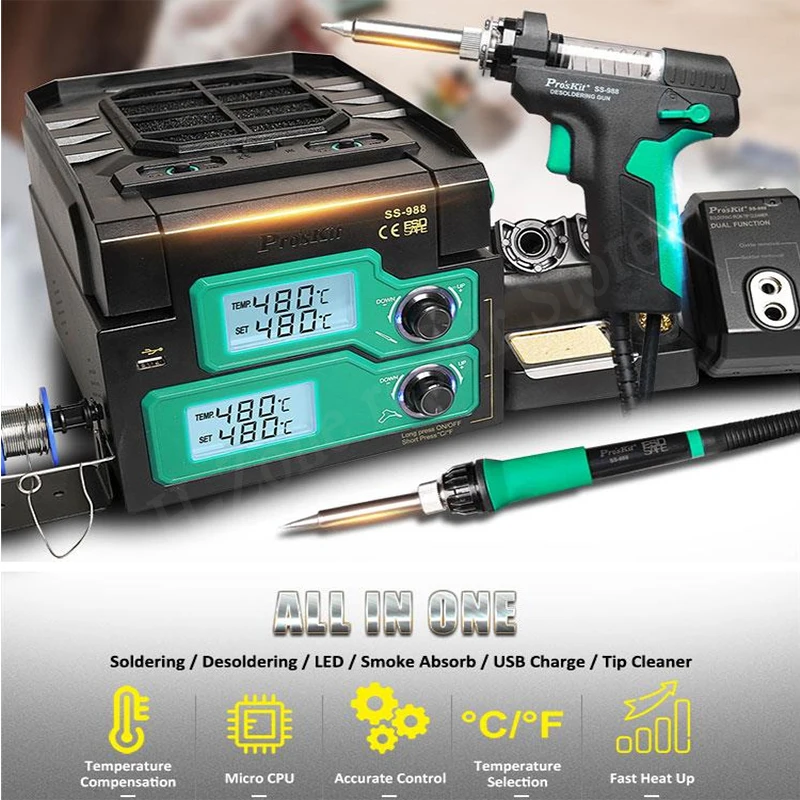 6 in1 Pro'sKit SS-988H ESD LCD pompa dissaldante elettrica digitale BGA saldatore pistola ad aspirazione gruppo dissaldante sonno automatico