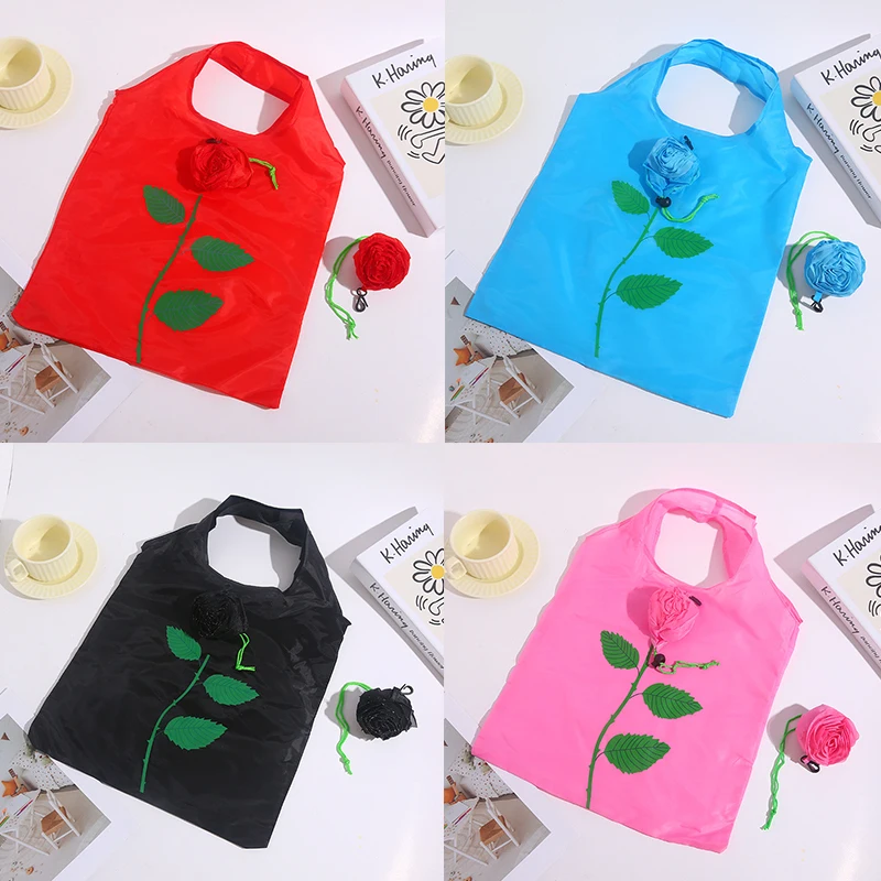 Rose Flower Foldable Shopping Bag Portable Large Capacity Folding Tote Bag Lightweight Durable Travel Handbag Storage Pouch