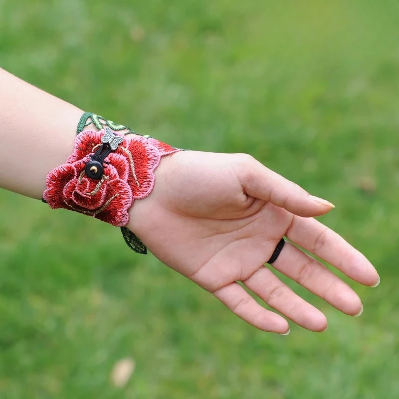 Guante étnico chino bordado con flores para mujer, ropa de mano Vintage para baile folclórico de encaje