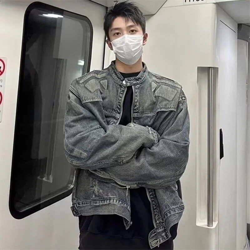 

American Retro Vintage Denim Jaet Hip Hop High Street Personali Hole Loose Trendy ort Coat Upper Apparel for Teens