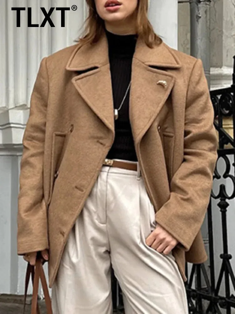 

TLXT модное женское короткое пальто, двубортная куртка с воротником с лацканами, однотонная элегантная верхняя одежда больших размеров, новинка 2025, XK1596