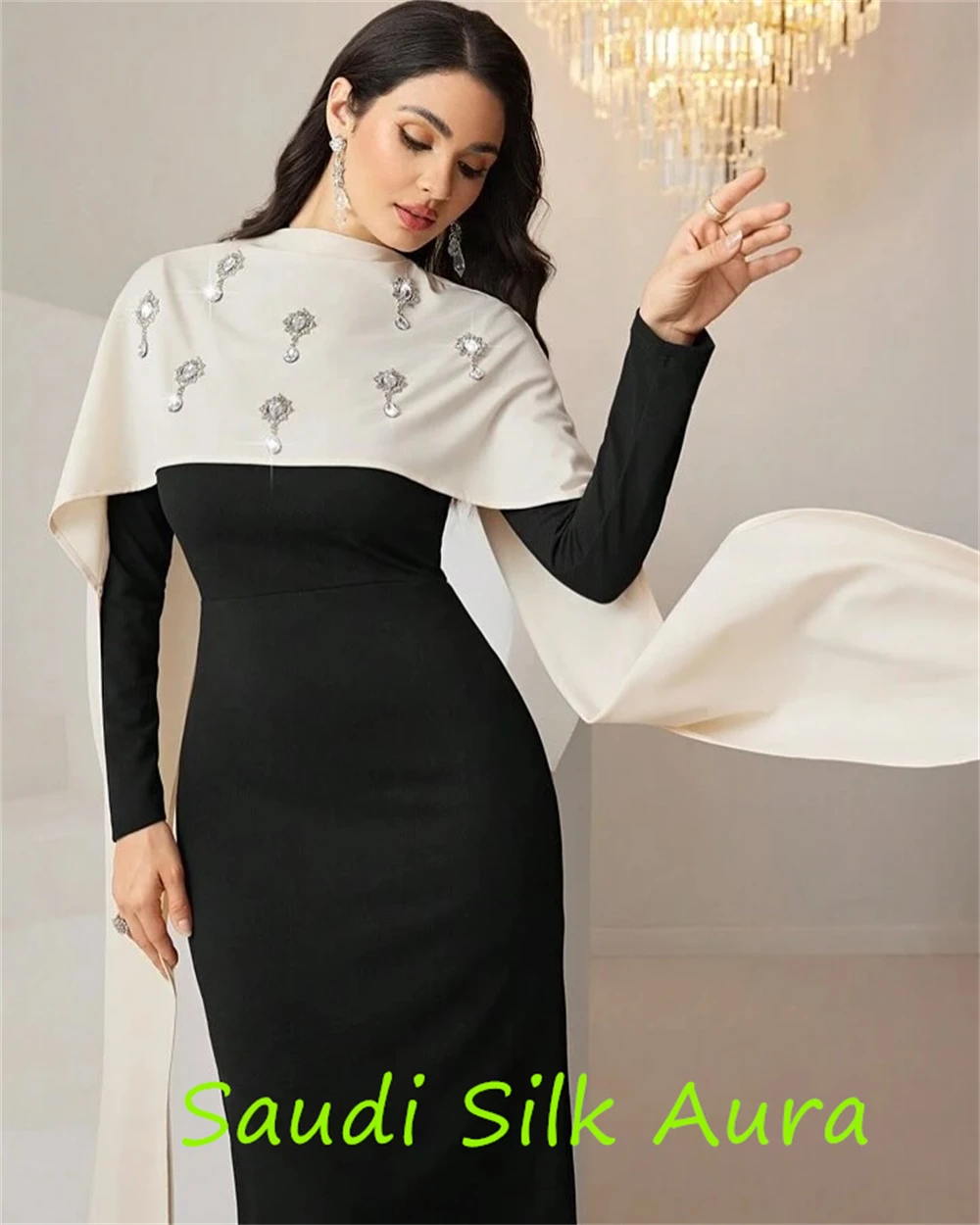 فستان سهرة فاخر من الجيرسيه باللون الأسود مخصص رائع بياقة عالية وأكمام طويلة للحفلات عالي الجودة مستقيم Pr #6