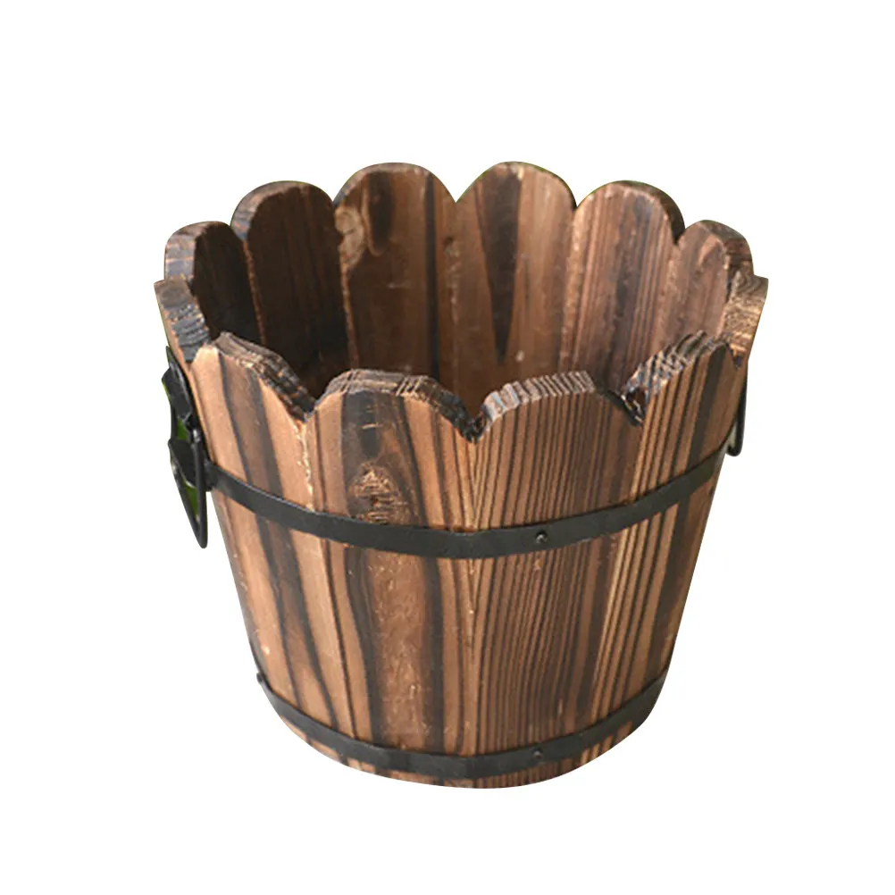 Solid Wood Carbonized Flower Pot Small Retro Wooden Barrel Wave Mouth Desktop Balcony Succulents Plant Pot Home Office