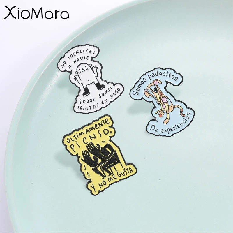 Spanish Psychological Emotion Quote Enamel Pin,Abstract Figure,Stitched Doll Dog Design Badge,Fashion Accessory,Gift for Friend