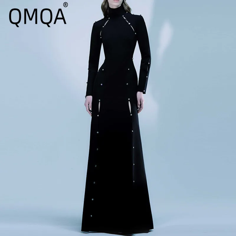 

QMQA Fashion Women's Elegant Party Dress Spliced Diamond Bead Hollow Out High Waist Slimming Floor Length Dresses 2025 New QM602