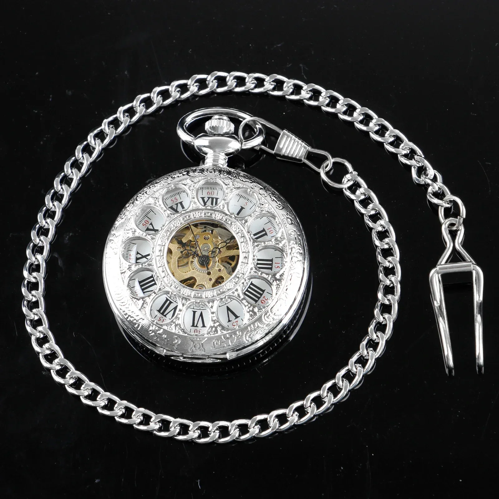 Silver Roman Numerals Vintage Skeleton Mechanical Pocket Watch For Men Women Hand Wind Pocket & Fob Watches Half Hunter