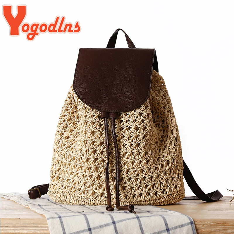 Yogodlns Summer Hollow Out Drawstring Hasp Straw Bag School Bag Knitting Backpacks Beach Bag Travel Holiday Ladies Tote Bag