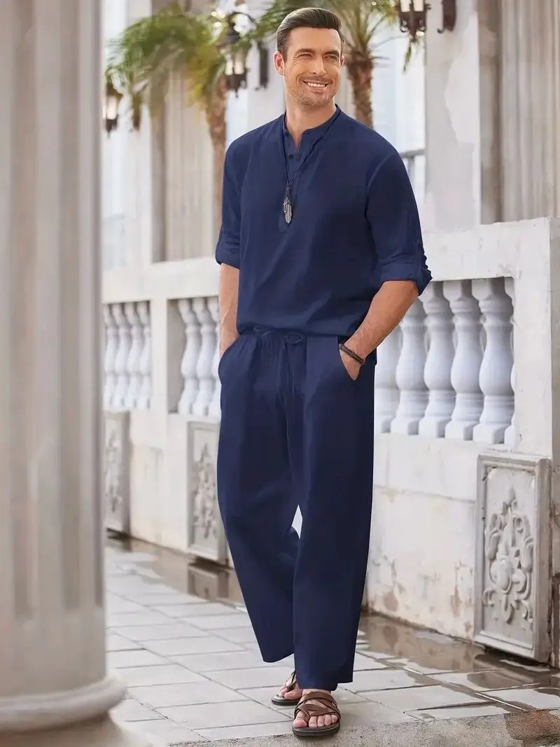 

Retro Ele Men's Cotton Linen Blend Casual Two-Piece Vne Set Comfortable Breathable Seven-Sve Autumn Wear