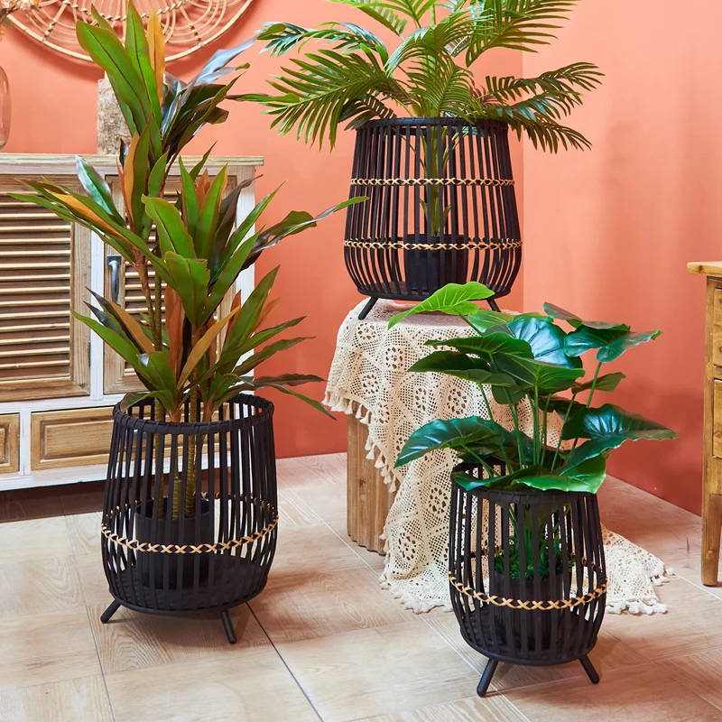 Handmade Rattan Flower Basket, High Foot Floor Planter, Decorative Bamboo Storage Basket for Home