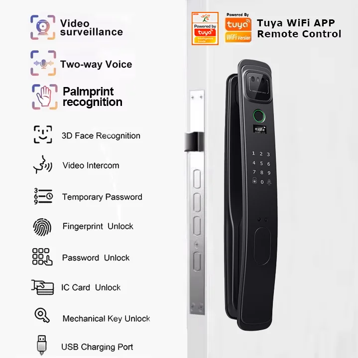 New Tuya 3D Facial Fingerprint Recognition Aluminum Alloy Smart Lock Security Camera Memory Card Waterproof Moisture-proof Steel