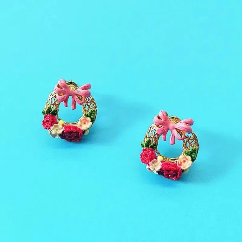 Sweet Cute Pink Bowknote Red Flower Enamel, Handpainted Drip Oil Stud Earrings, Light Luxury Christmas Valentines Day Earrings