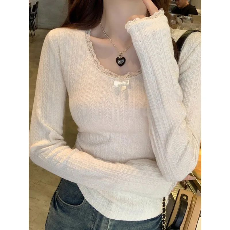 가을용 귀여운 니트 풀오버 스웨터 여성용 단색 패션 레이스 O넥 긴팔 슬림 여성 상의