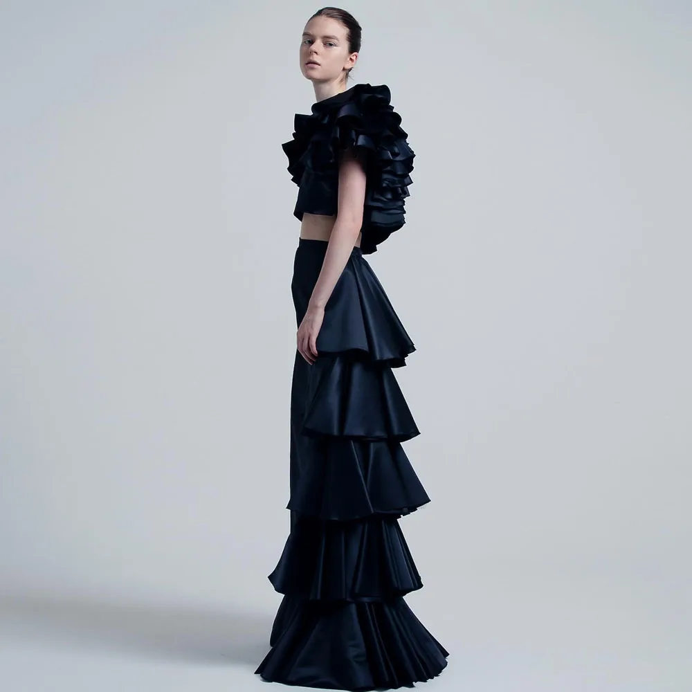 

Couture Black Long Straight Satin Women Skirts With Side Layered Ruffles Female Formal Skirts To Party