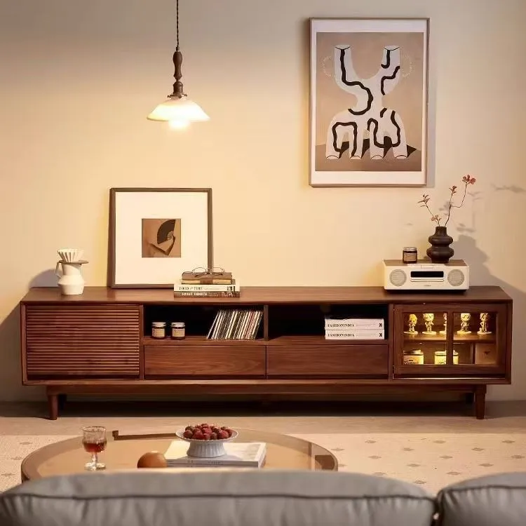 North American black walnut TV cabinet Nordic simple all-solid wood TV cabinet Household multi-functional living room floor