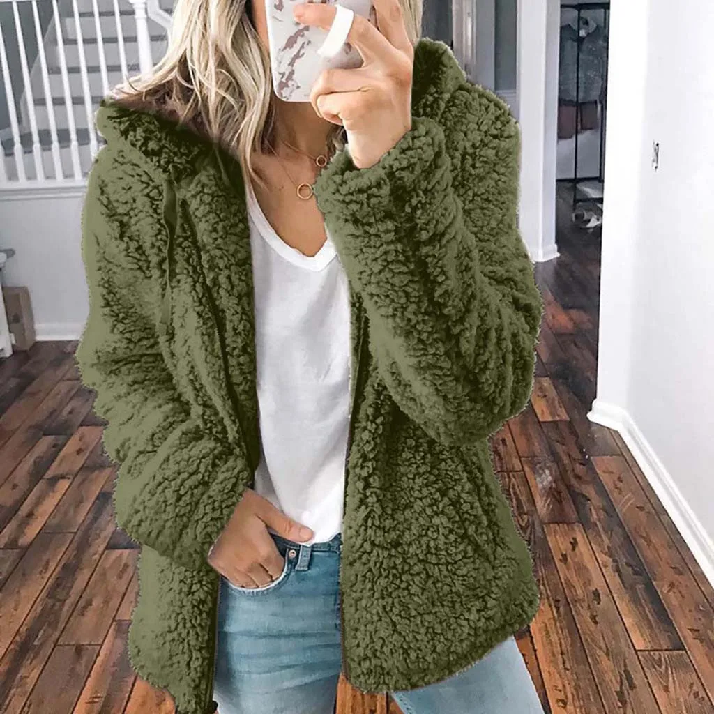 

Women Winter Coat Warm Solid Zipper Pocket Hooded Long Sleeves Cardigan Faux Furry Warm Fleece Teddy Ladies Jacket