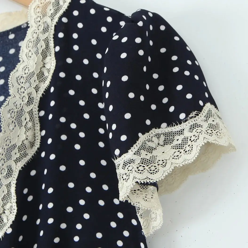 2025 Retro French Style Navy Blue Polka Dot Print Spliced Lace V neck Women Midi Dress Puff Sleeve Sashes Tea Dresses Robe Femme